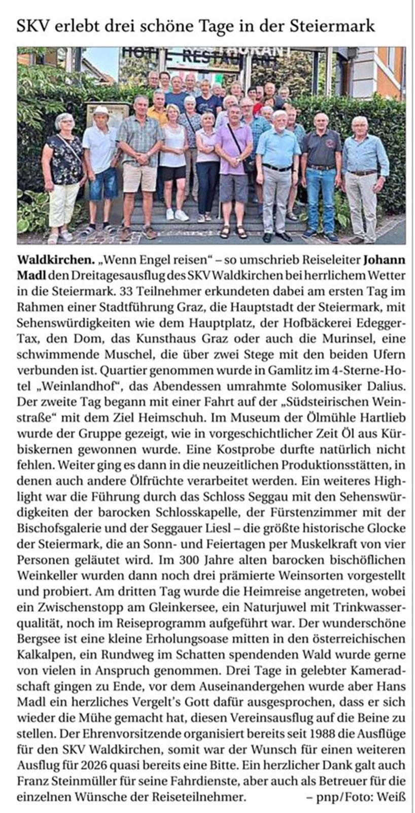 PNP_2025_08_23_SKV_Waki Vereinsausflug des SKV Waldkirchen 2025 nach Graz/Gramling, Foto Pressebericht der PNP vom 23.08.2025